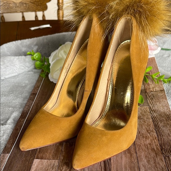 Brown Suede Stiletto Heels with Pom-Pom Embellishment - Picture 9 of 9